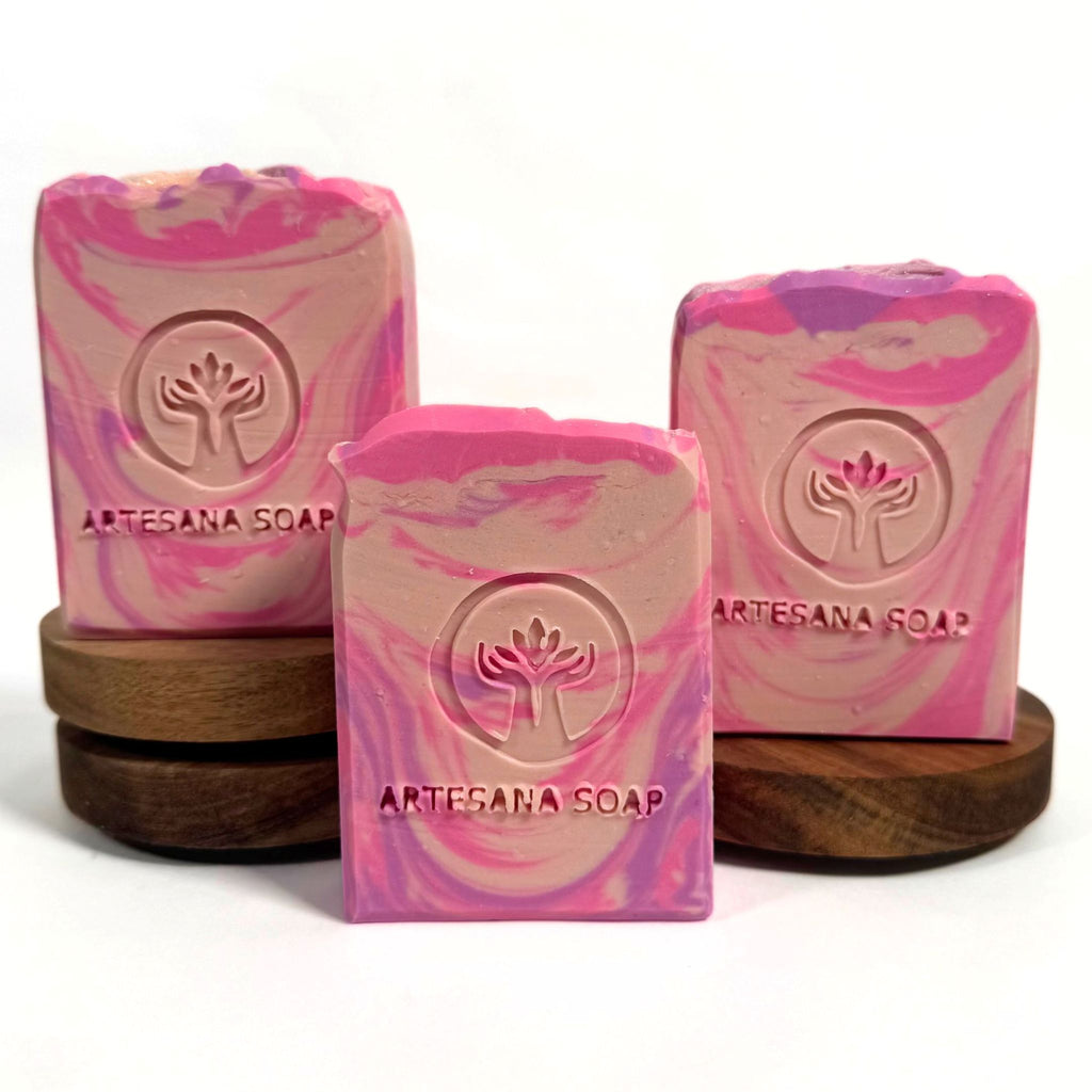 Girly Pop handmade soap bar with a sweet fruity fragrance by Artesana Soaps.
