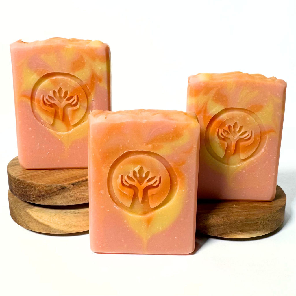 Mango Sorbet handmade cold process soap bar by Artesana Soaps, scented with juicy mango, lemon and raspberry fragrance.