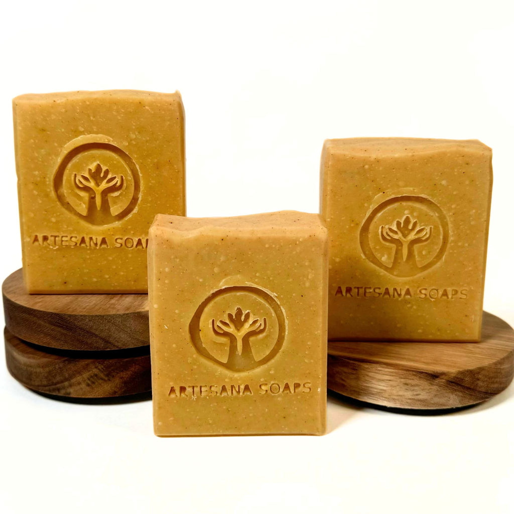 Natural Glow handmade turmeric facial soap bar by Artesana Soaps, made with turmeric powder and essential oils.