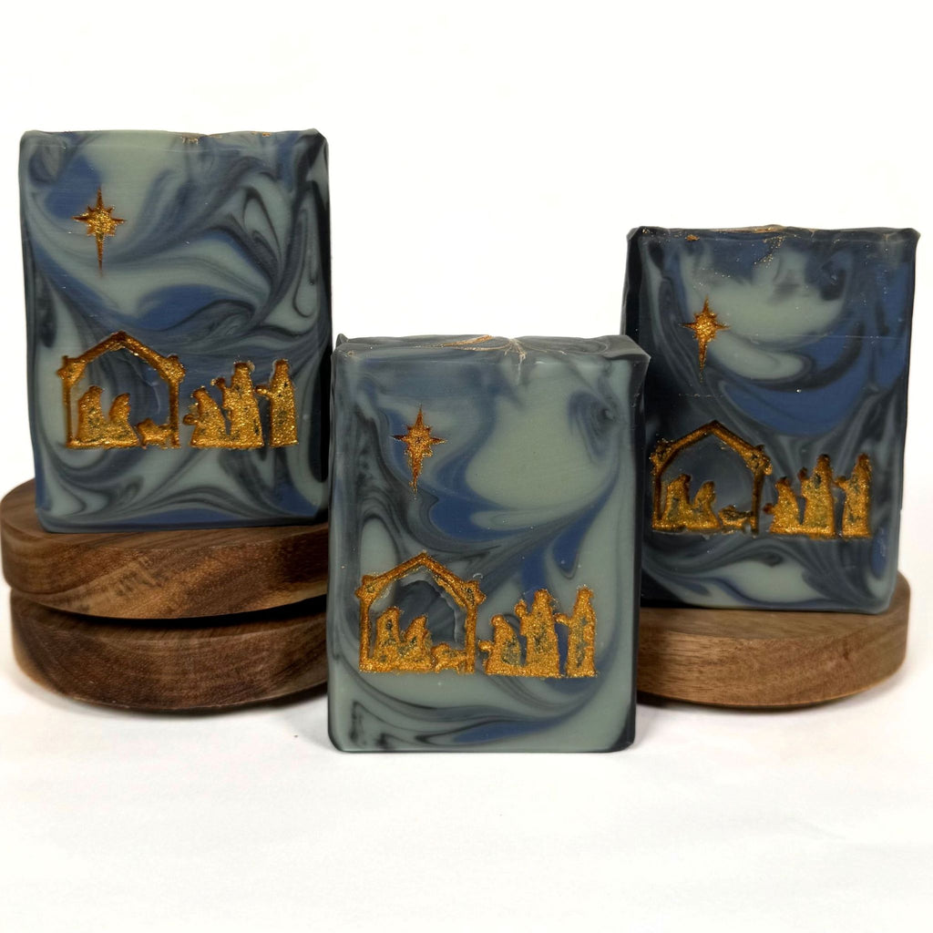 O Holy Night handmade Nativity Christmas soap bar featuring a Christian Nativity design by Artesana Soaps.