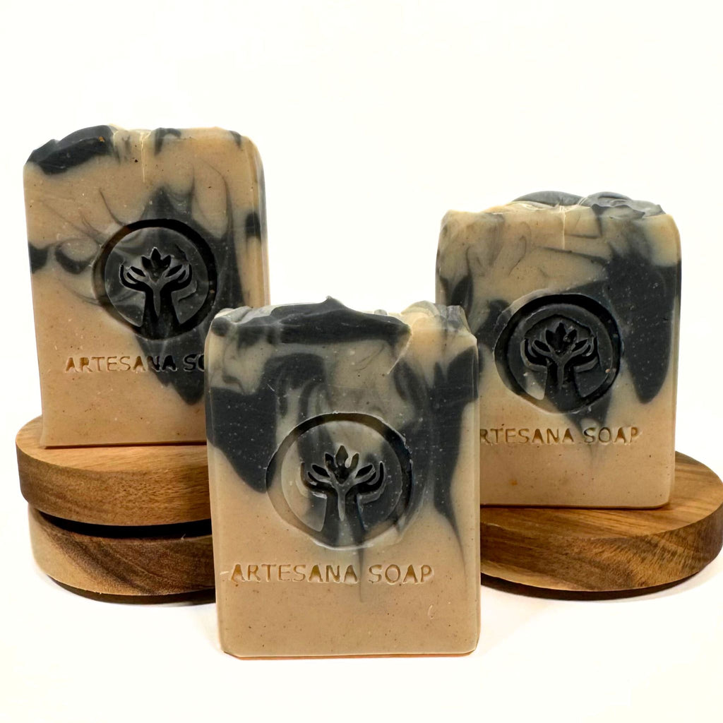 Snow Tiger handmade exfoliating soap bar with walnut shell powder, rhassoul clay and activated charcoal by Artesana Soaps.