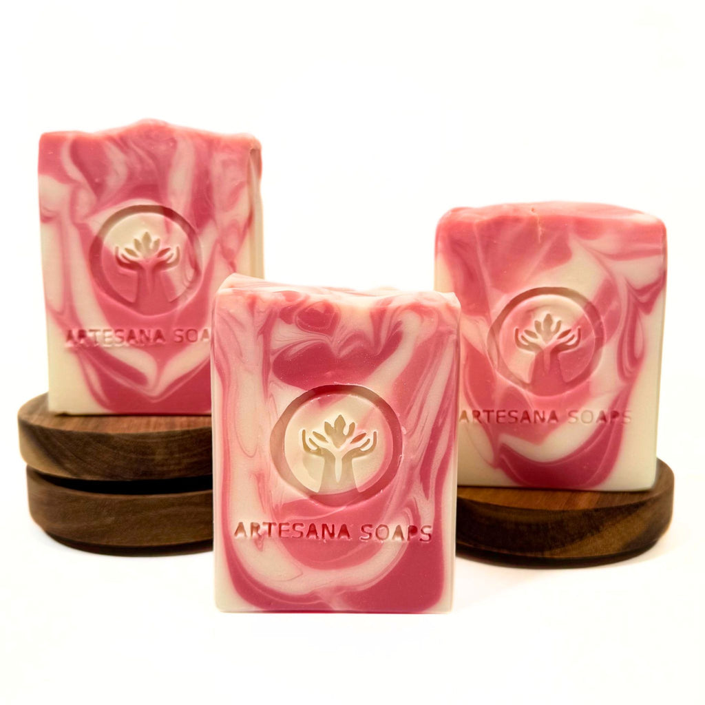 Strawberry Kiss strawberry-scented handmade soap bar by Artesana Soaps.