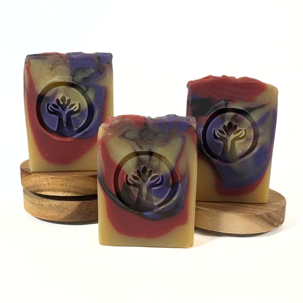 Sugar Plum Fairy colorful handmade soap bar with a sweet fruity fragrance by Artesana Soaps.
